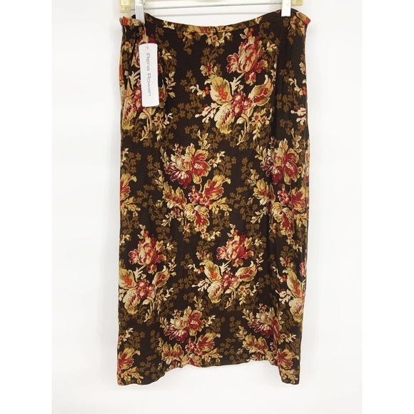 Vtg Rena Rowan Brown Floral Rayon Wool Blend Midi Skirt Size 12 NWT Old Stock - Picture 4 of 7